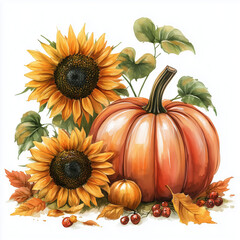 "Autumn Pumpkin with Vibrant Fall Leaves - Watercolor Style"

