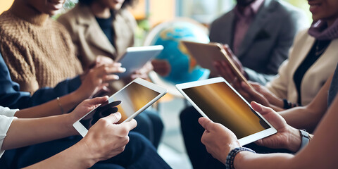  of a diverse group of people holding tablets with a warm tone