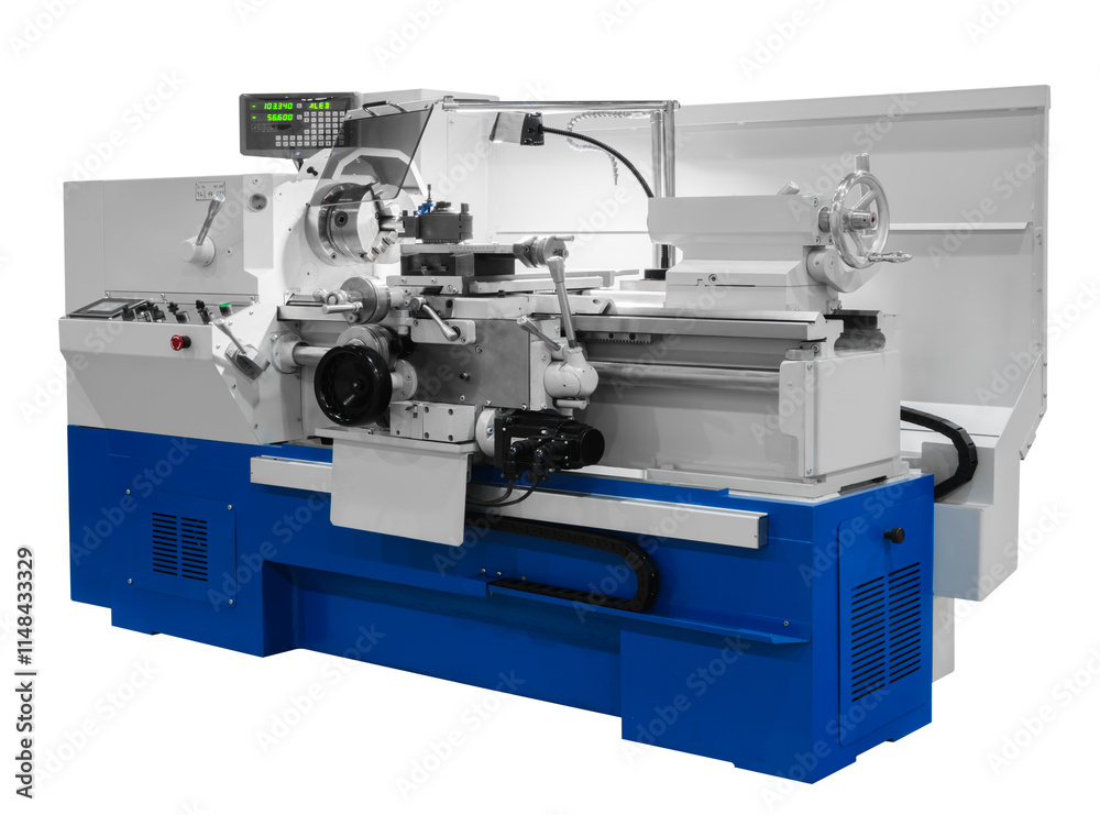 Poster a blue and white machine with a green screen. the machine is a lathe