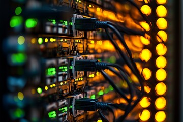 A close-up view of a server rack with glowing indicator lights and neatly organized cables.