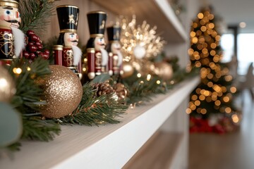 A beautiful arrangement of nutcracker figures among sparkling ornaments and greenery that epitomizes the elegance and charm of holiday decorations and celebrations at home.