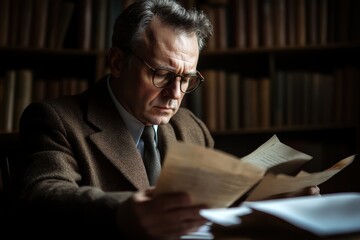 A mature man in glasses reviews papers. Illustrates research, study, or academic work.