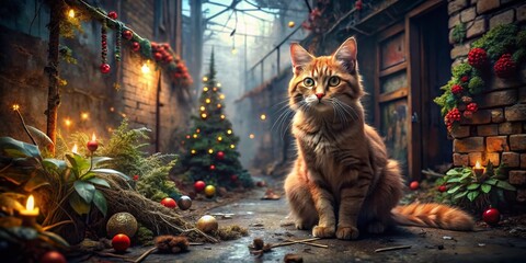 Urban Xmas Cat Photography: Abandoned Building, Festive Kitten, Winter Wonderland, Street Art, Grunge, Christmas Lights