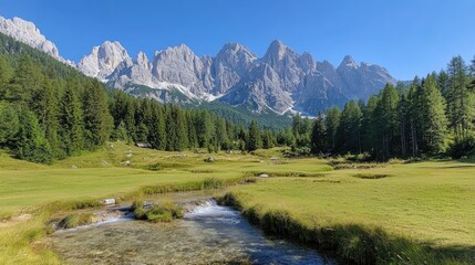 Serene Mountain Landscape with Stream and Lush Greenery in Nature