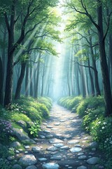 Naklejka premium painting of a path in a forest with rocks and flowers