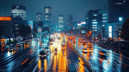 Obraz premium Night city highway traffic in rain.