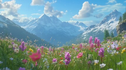 Fototapeta premium Vibrant Mountain Landscape with Colorful Wildflowers in Spring