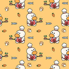 Chef duck cartoon so cute. On fish carrot mushroom yellow background. Pattern seamless vector illustration.  
