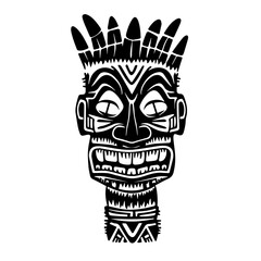 Carved tribal mask design featuring intricate patterns and strong facial expression