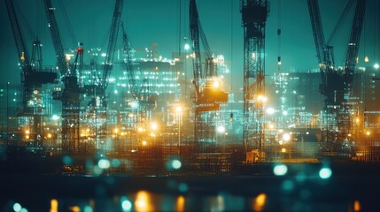 Fototapeta premium Nighttime industrial port with cranes and illuminated buildings.