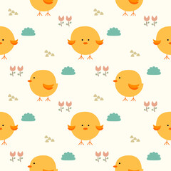 Yellow bird cartoon so cute. On grass flower background. Pattern seamless vector illustration. 
