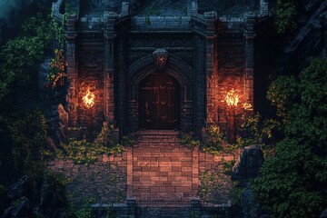 Ancient Stone Castle Entrance with Flaming Torches