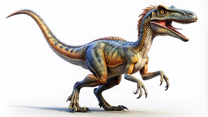 Obraz premium Velociraptor Dinosaur Architectural Photography, Isolated White Background, Prehistoric Reptile, Jurassic Park Style
