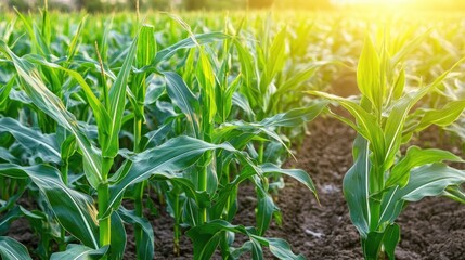 Fototapeta premium Green Corn Plants Growing in a Field Under Bright Sunny Light