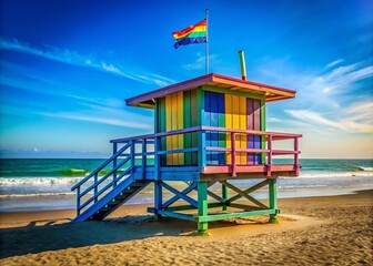 Fototapeta premium Venice Beach Pride Lifeguard Tower: LGBTQ+ Rainbow Colors, California Beach Photography