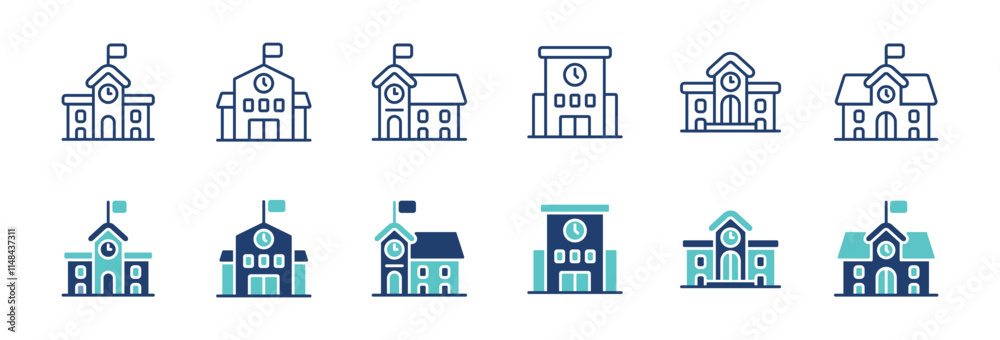 Poster simple education school building icon set college university institutions architecture campus constr