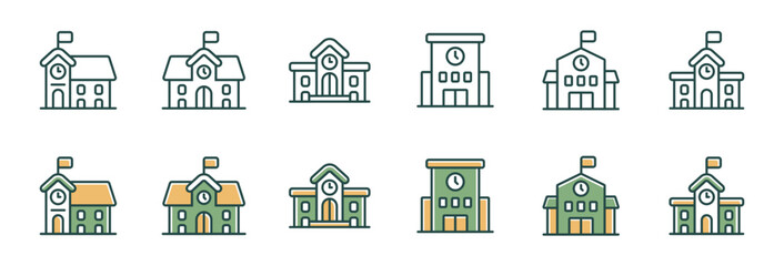 school building icon set education college university institutions architecture. business bank, government, museum, campus construction estate building signs vector illustration