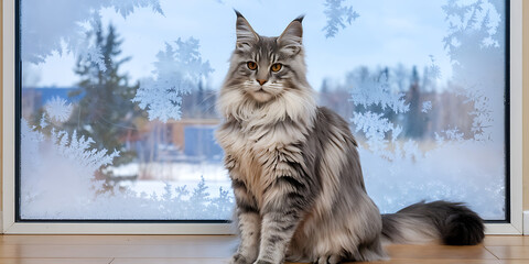 Obraz premium of a regal Maine Coon cat posing majestically in front of a snowy window