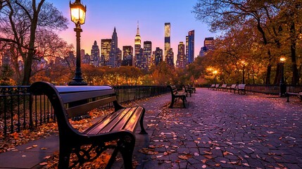 Autumn evening in Central Park, NYC skyline.