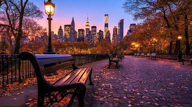 Autumn evening in Central Park, NYC skyline.