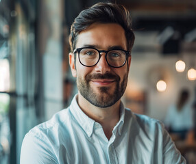 Obraz premium Casual Portrait of a Smiling Man in a Modern Office Setting - Business and Lifestyle Photograph
