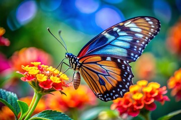 Naklejka premium Vibrant Butterfly on Colorful Flower: Macro Photography, Nature, Insect, Bloom