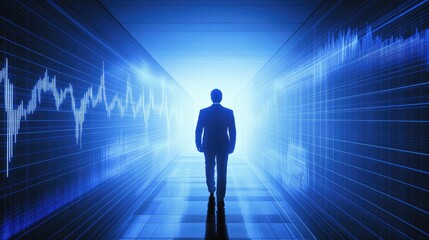 Fototapeta premium Businessman Walking Towards Bright Future with Digital Data Visualization