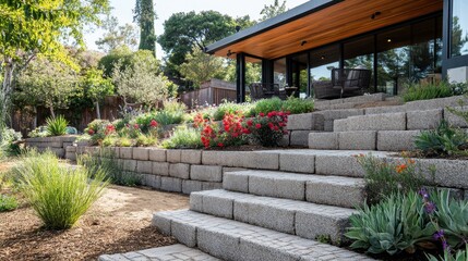 Stone steps ascend a landscaped hillside, leading to a modern home. Perfect for showcasing landscaping, architecture, or outdoor living concepts.