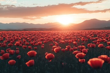 Vast field of red poppies at sunset. Perfect for peace, remembrance, or nature themes.