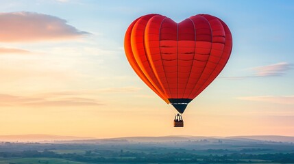 Obraz premium Valentine. Heart-shaped hot air balloon soaring over a scenic landscape at sunset.