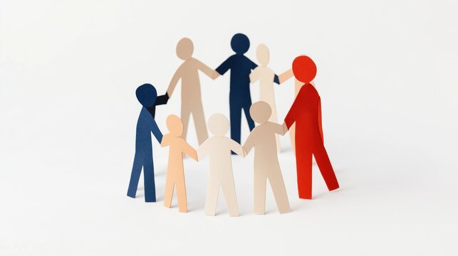 Paper figures holding hands in circle signify unity, teamwork. Diverse colors represent inclusion, mutual respect. Art piece collaboration, cooperation. Creative use of paper cutouts emphasizes