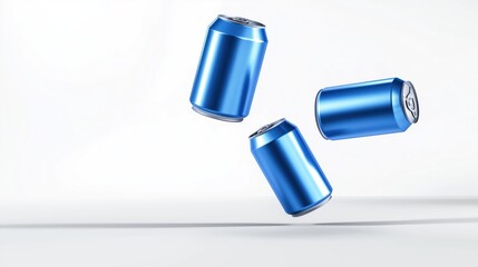 Four blue aluminum beverage cans float in mid-air against plain white background. Studio shot highlights product design, branding aspects. Modern design studio photo for new drink beverage.