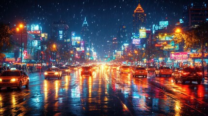 Obraz premium Night city street, rain, traffic, lights. (1)