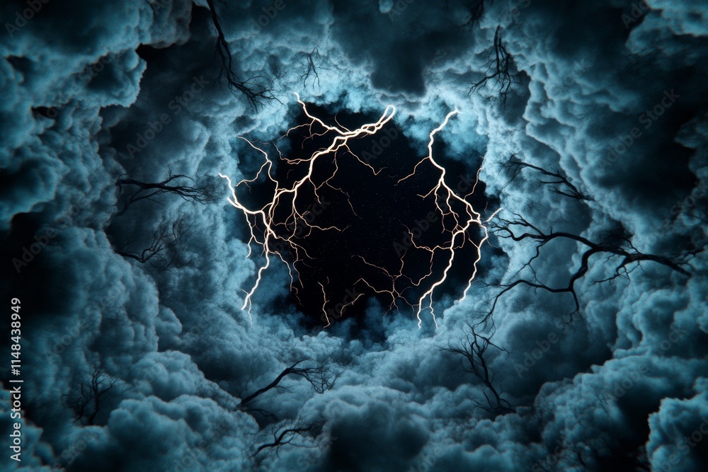 Poster a gothic depiction of a galaxy with dark, shadowy tones and an ominous glowing core surrounded by fa