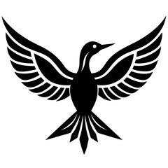 This is an image of a stylized bird with its wings spread, rendered in black and white. The design is simple yet elegant, resembling a modern or tribal art style