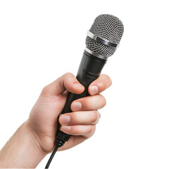 man hand hold microphone isolated on transparent background