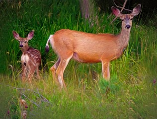 Montana Mule Deer With Fawn 