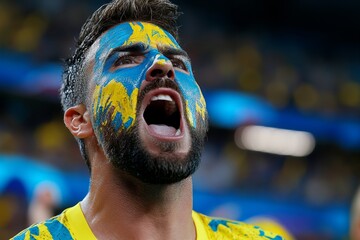 A passionate soccer fan with painted face, jumping and cheering in a crowded stadium