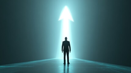 Obraz premium Silhouette of Man Standing Under Bright Arrow Symbolizing Success