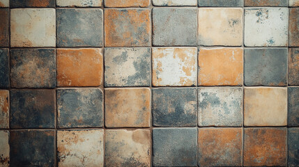 Fototapeta premium Textured tiles arranged in a unique pattern with warm earth tones showcasing rustic design elements