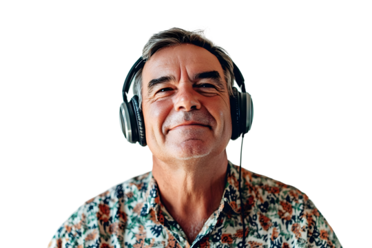 Elder man listening to music on headphones isolated on a transparent background