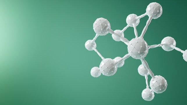 Scientific illustration shows complex structure of Thromboxane B2 molecule. White 3D model of prostanoid compound molecule presented against vivid green background. Diagram displays molecular bonds,