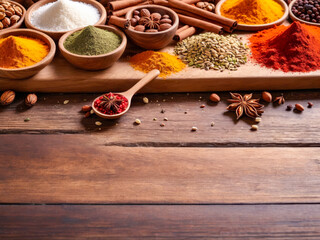 Aromatic Spices and Herbs on Rustic Wooden Background