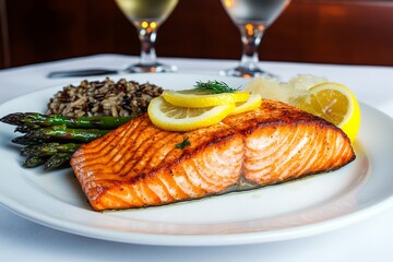 A perfectly cooked salmon fillet topped with lemon slices and dill, served with a side of asparagus and wild rice