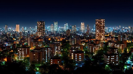 Obraz premium Night cityscape panorama, illuminated buildings and streets.