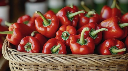 Freshly picked red peppers in a woven basket at the farmers market in autumn