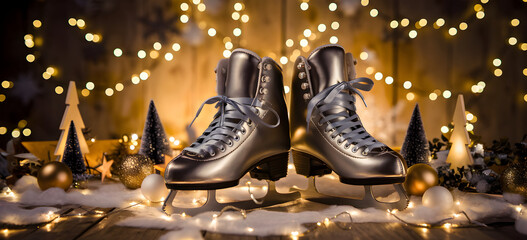 Fototapeta premium Ice Skates Resting on Snowy Bench by Evergreens,Vintage roller skate with colorful disco lights flashing on the shiny dance floor, vintage,Retro roller skates with colorful laces, 4K hyperrealistic.