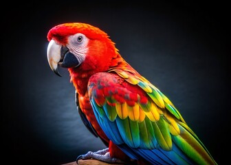 Naklejka premium Vibrant Red-Headed Parrot, Colorful Bird, Candid Photography, Black Background, Exotic Bird Photo