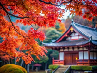 Vibrant Red Maple Japan Autumn Honenin Temple Photography Vintage Style Image