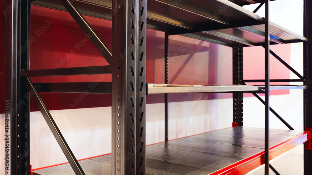 Aufkleber A red and black shelf with a white background on warehouse. The shelf is empty. There are no items on the shelf